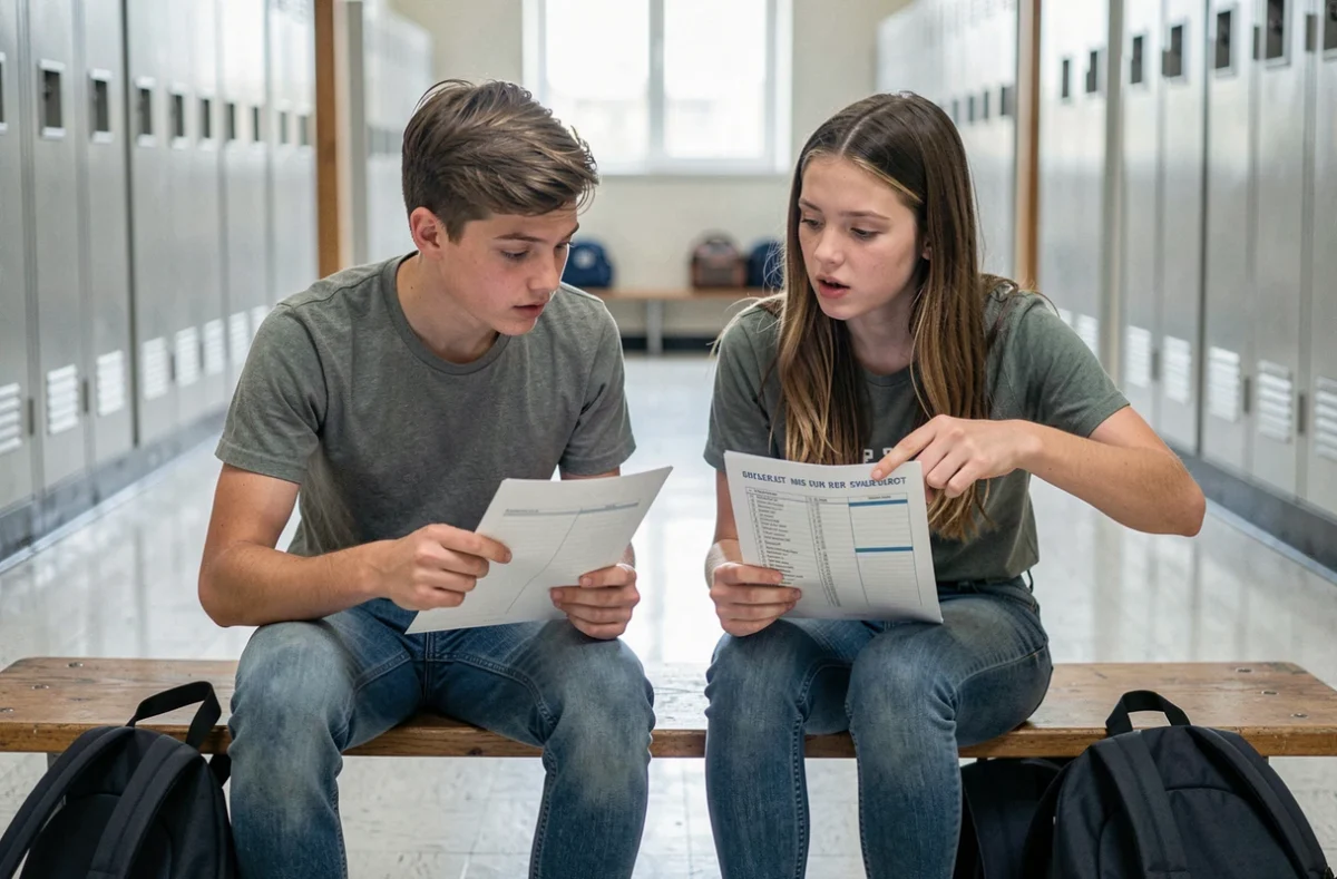 Deux collégiens comparant leurs emplois du temps de semaine impaire dans un couloir d'école