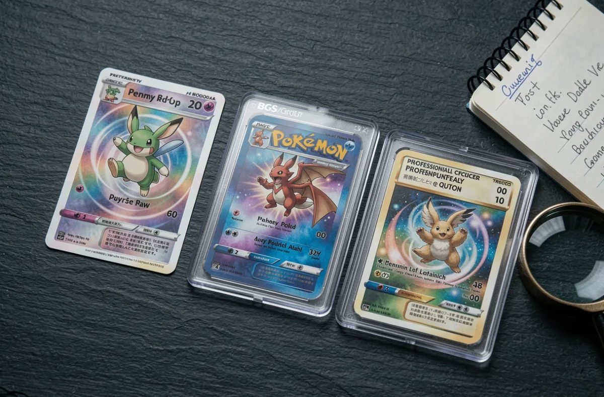 Comparaison entre une carte Pokémon brute, protégée et gradée professionnellement sur une surface ardoise avec loupe et notes