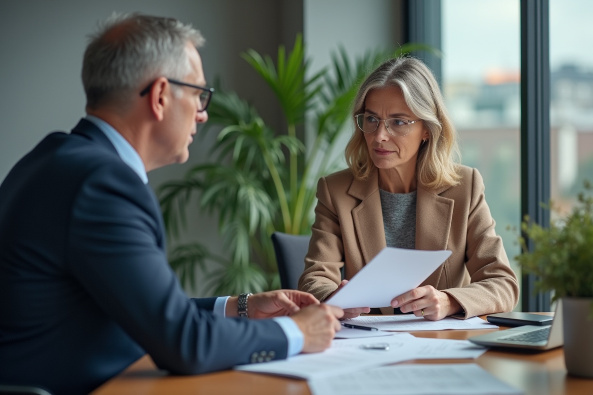 Conseiller bancaire expliquant un calcul de prêt immobilier à une cliente