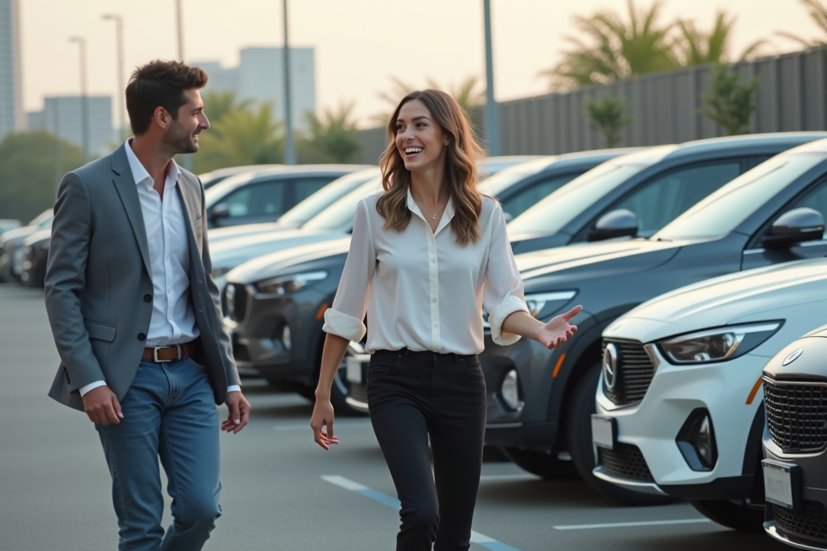 Conseillère en vente de voitures avec un couple dans le lot