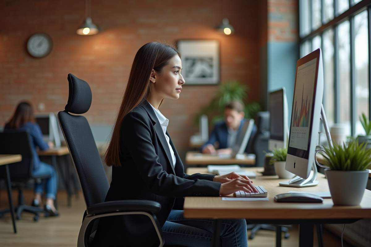 Jeune consultante digitale concentrée sur son ordinateur