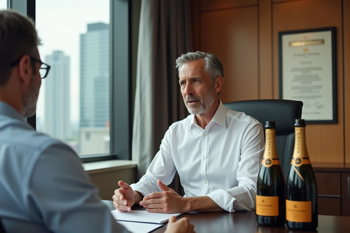 Consultation avec un conseiller en assurance pour protéger une collection de champagnes de valeur