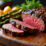 Côte de boeuf tranchée sur planche en bois avec pommes de terre