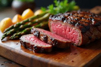 Côte de boeuf tranchée sur planche en bois avec pommes de terre