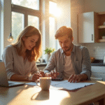 Jeune couple discutant de documents immobiliers à la cuisine