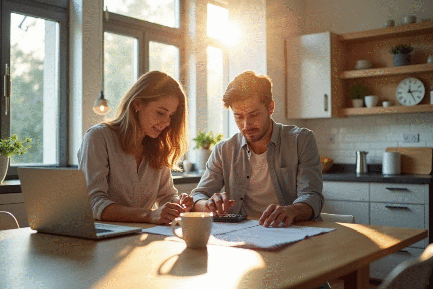 Jeune couple discutant de documents immobiliers à la cuisine
