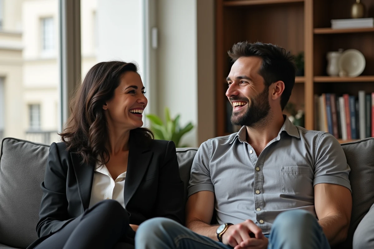 Couple complice assis dans un salon parisien moderne, partageant un moment de rire naturel et authentique