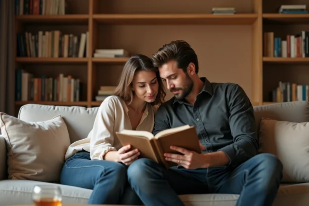 Couple complice partageant la lecture d'un livre sur un canapé, atmosphère intime et curieuse dans un salon moderne