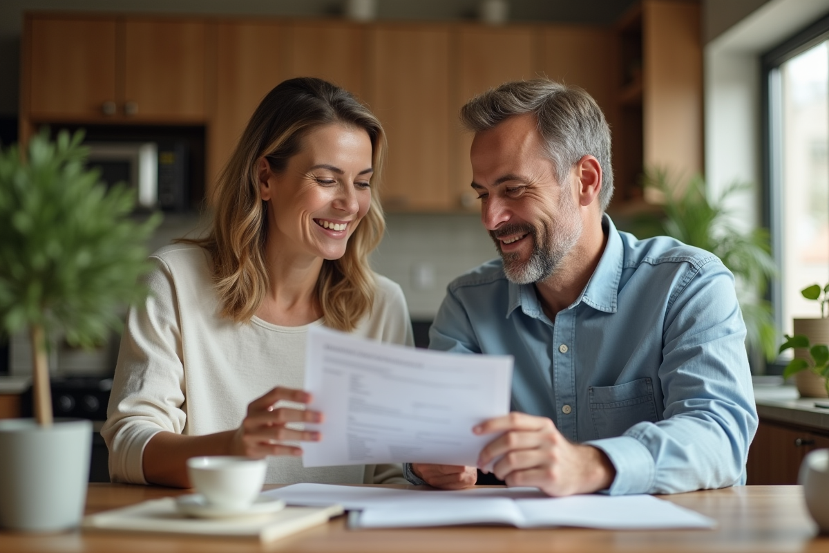 Couple souriant examinant documents de mortgage à la maison
