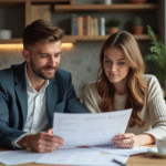 Jeune couple professionnel examinant des documents de prêt immobilier