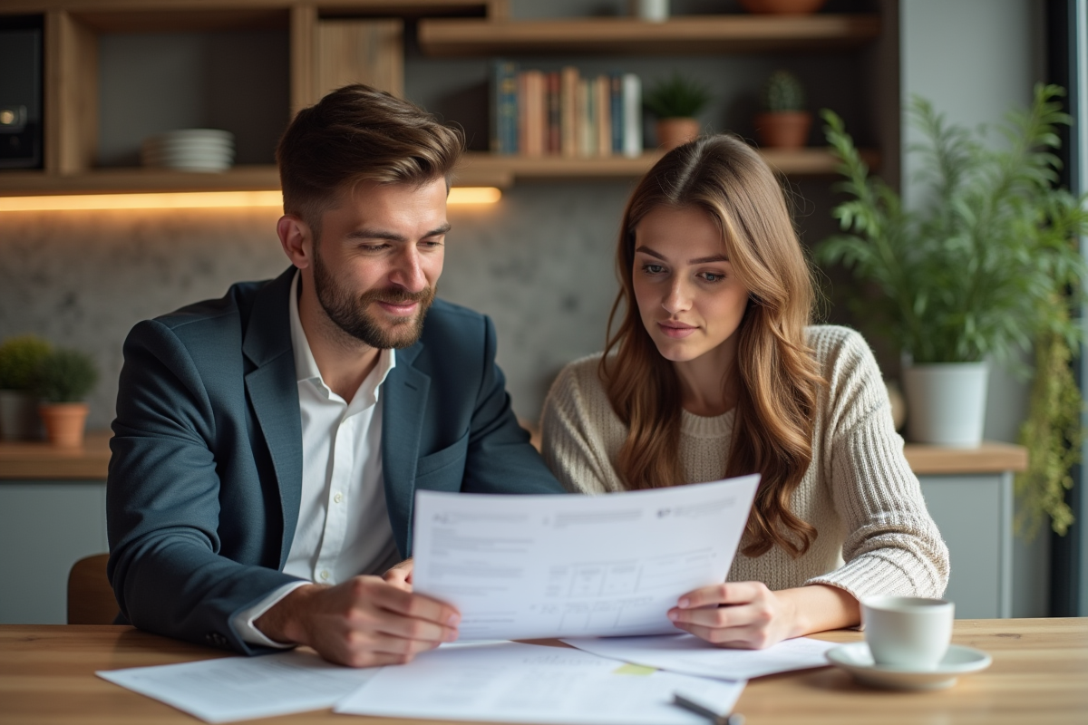 Jeune couple professionnel examinant des documents de prêt immobilier