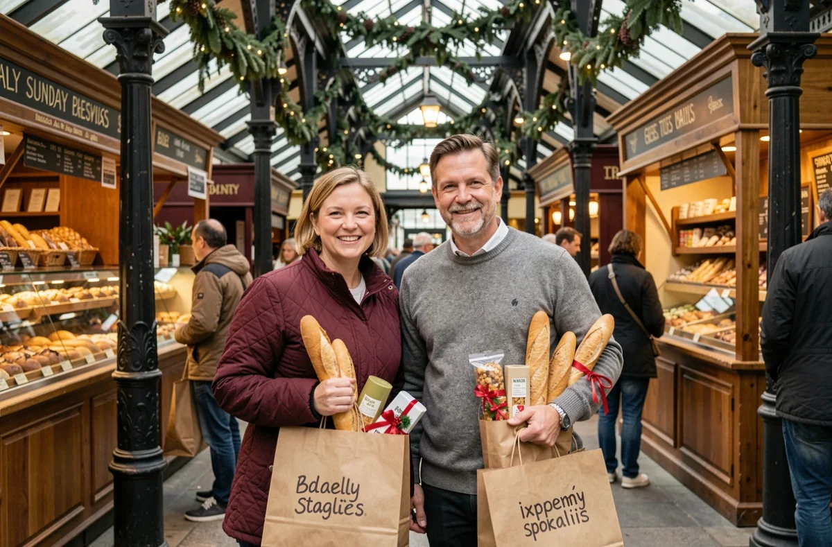 Couple faisant leurs achats alimentaires et leurs cadeaux de Noël dans un marché couvert ouvert le dimanche 22 décembre