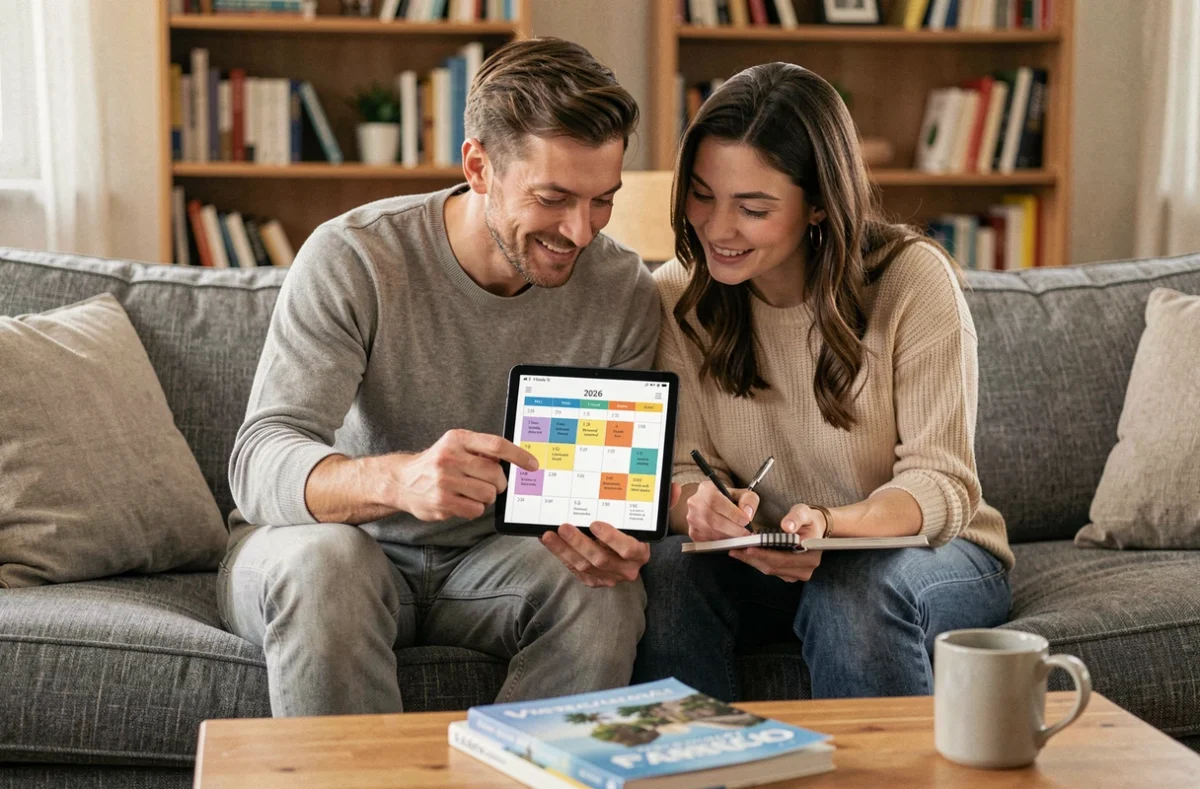 Couple planifiant ensemble leurs vacances 2026 sur une tablette dans un salon chaleureux