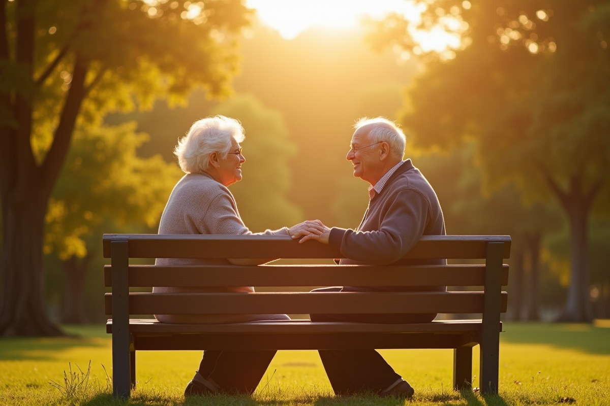 Couple senior assis sur un banc dans un parc ensoleille