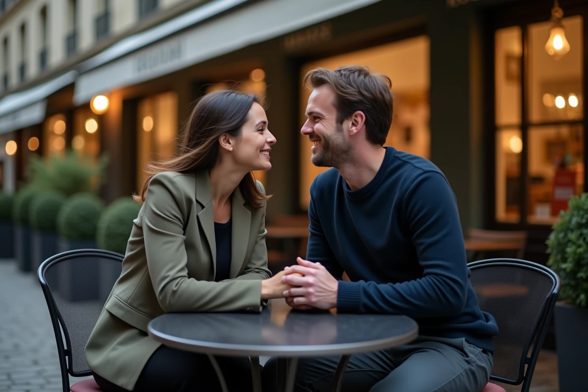 Couple en conversation intime et complice à une terrasse de café, partageant des confidences avec sourires et proximité