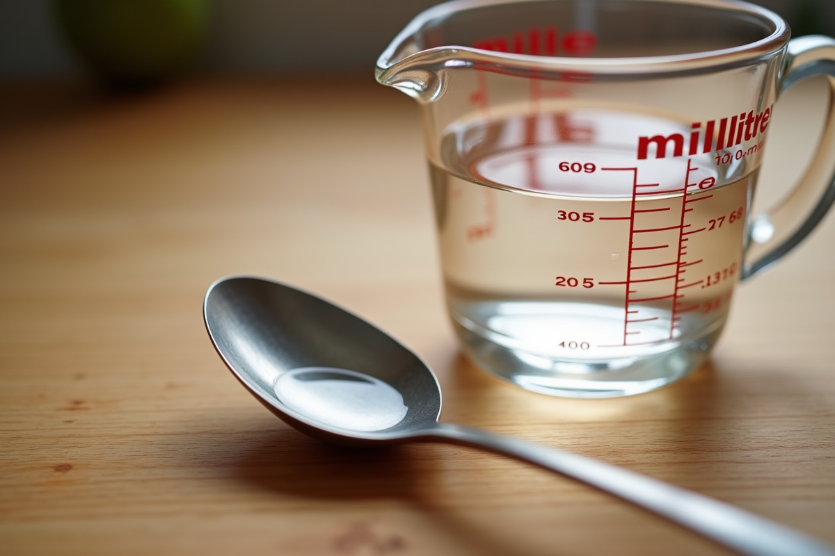 Cuillère en inox remplie d'eau sur plan de cuisine lumineux