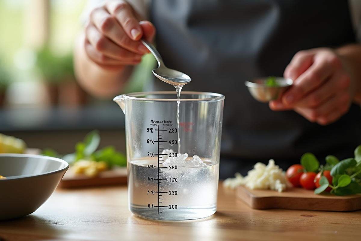 Main de chef versant de leau dans un verre doseur précis