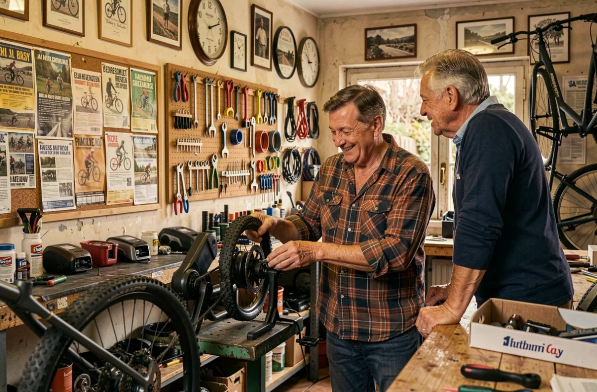 Propriétaire du Cycle du Coin à Marseille réparant un moteur de moyeu électrique dans son atelier de quartier convivial
