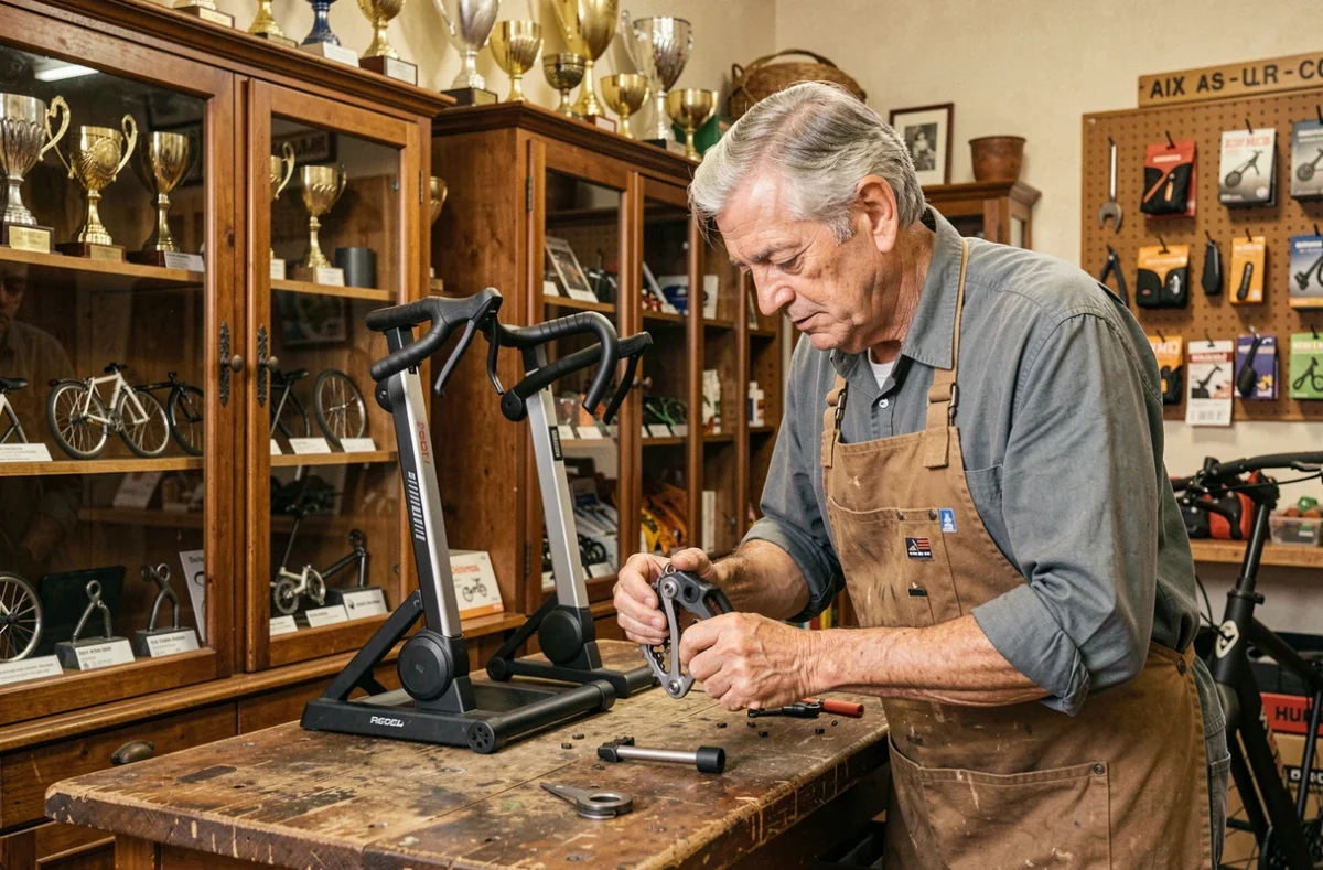 Artisan vélociste de Cycles Ricci à Aix-en-Provence réparant un vélo électrique dans son atelier traditionnel