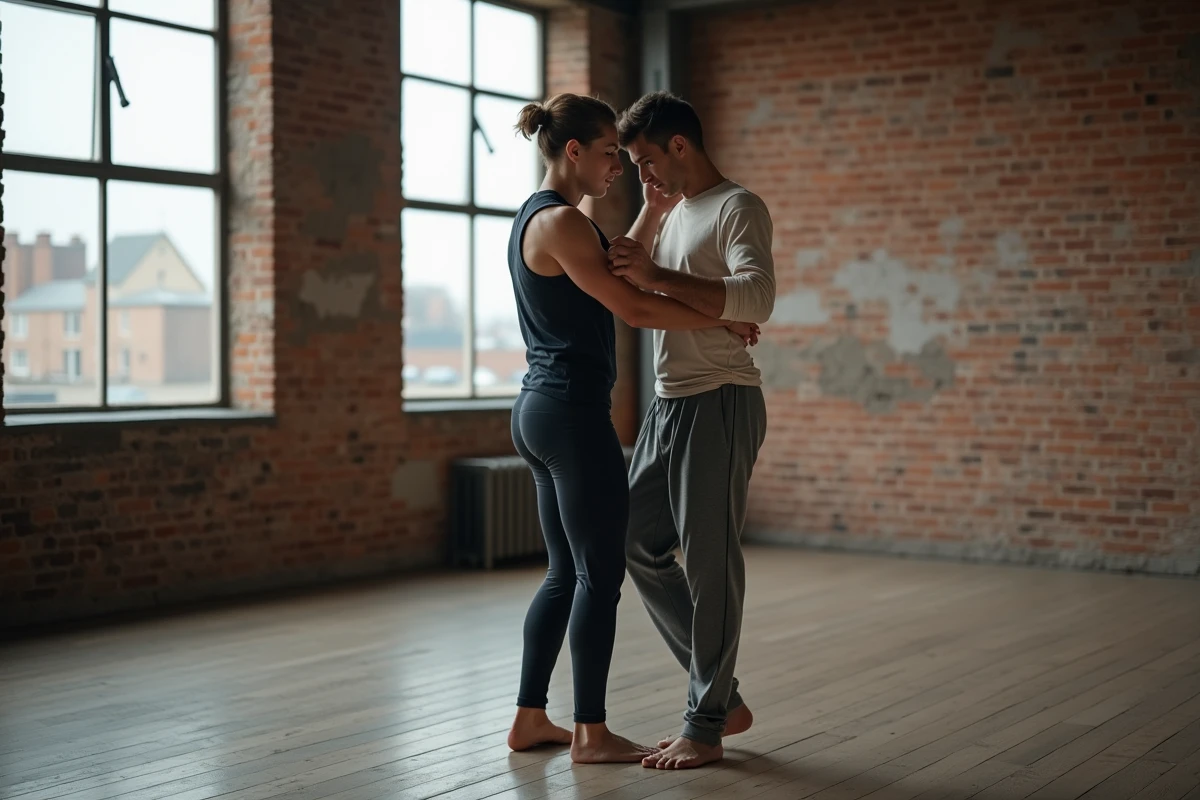 Deux danseurs contemporains masculins en répétition dans un espace industriel au Havre pour le festival Pharenheit 2026