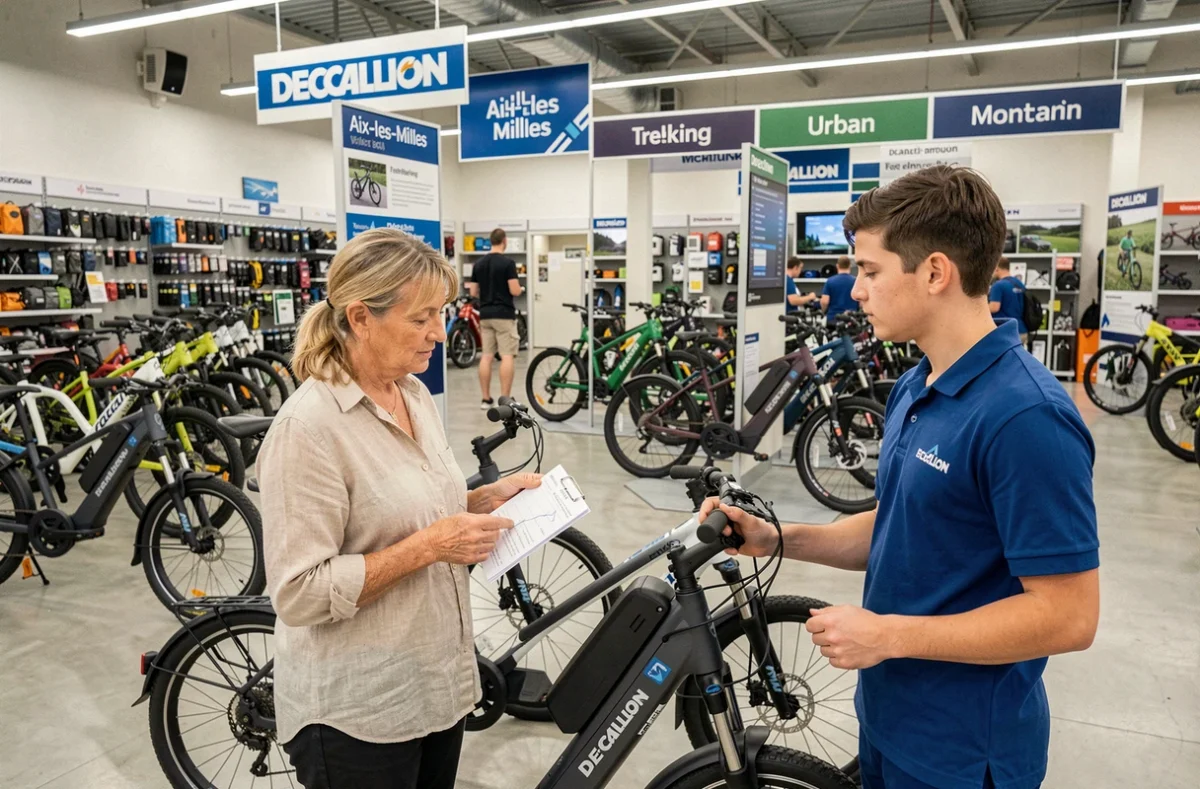Cliente comparant des modèles de vélos électriques au Decathlon d'Aix-les-Milles avec l'aide d'un vendeur en uniforme