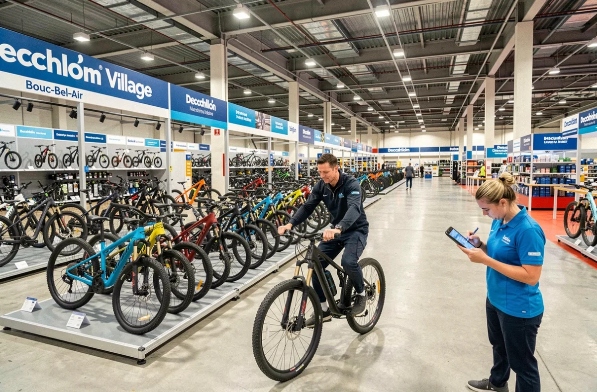 Rayon vélos électriques du Decathlon Village de Marseille à Bouc-Bel-Air avec un client essayant un VTT électrique