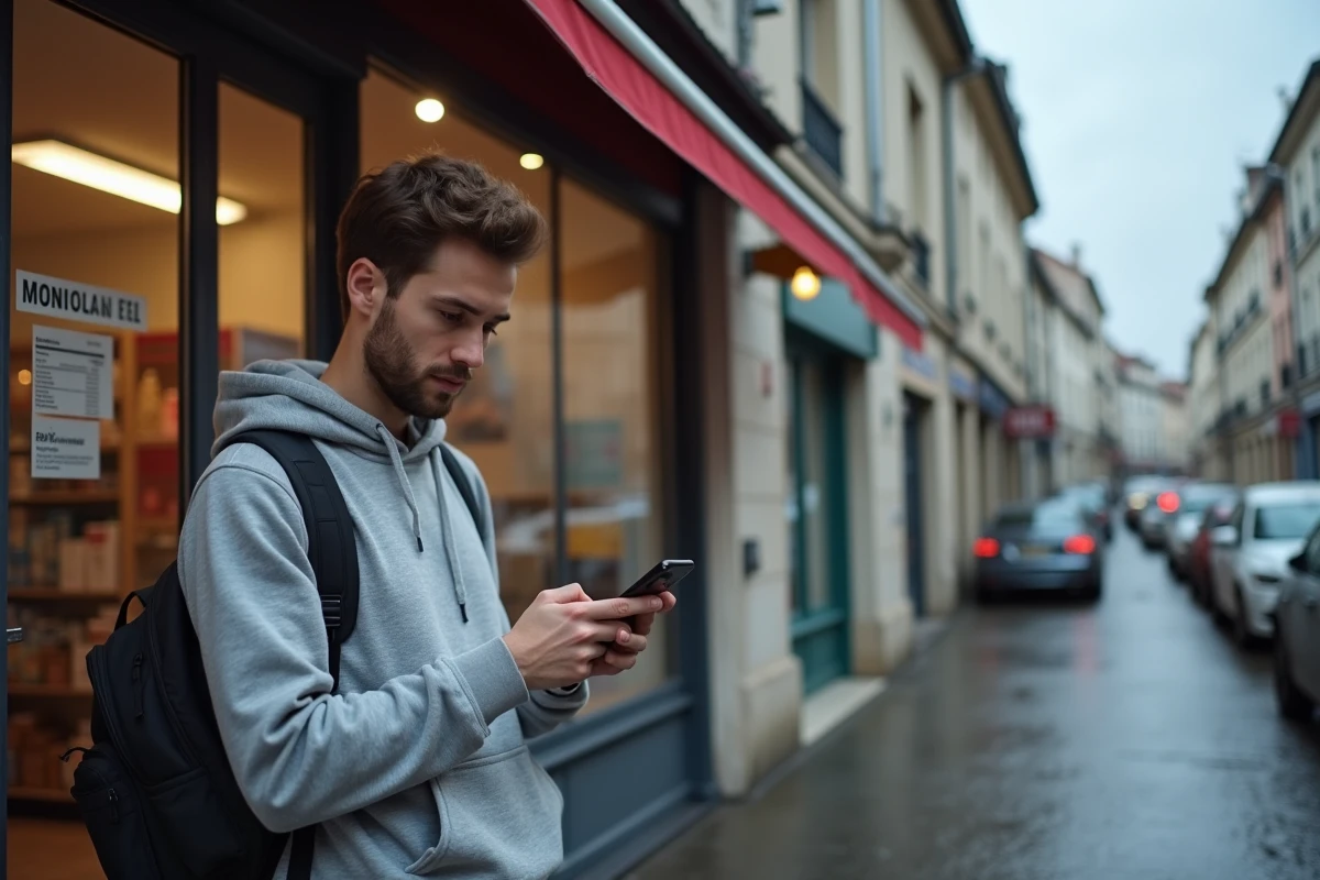 Jeune homme déposant un colis dans un point relais Mondial Relay en tabac-presse dans une rue française