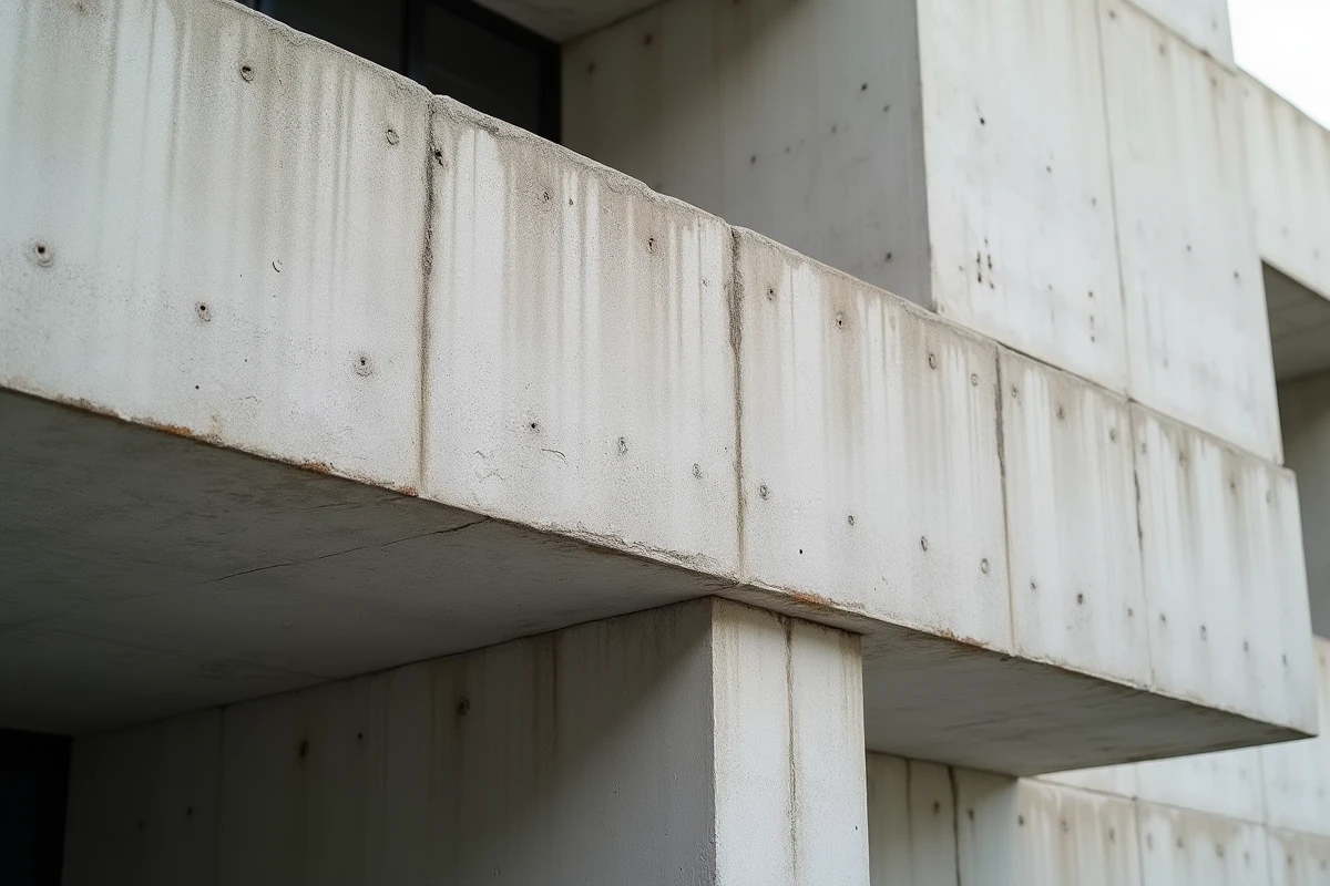 Détail architectural d'un pilier en béton évasé et d'un balcon en porte-à-faux caractéristiques du style brutaliste de Marcel Breuer