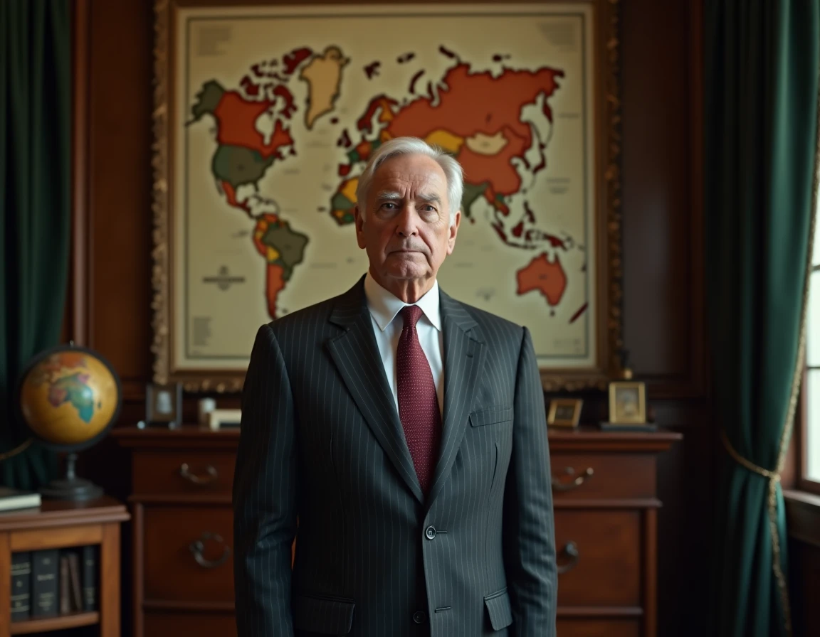 Diplomate russe en tenue formelle devant une carte de l'Europe, symbole des enjeux géopolitiques de la diplomatie russe