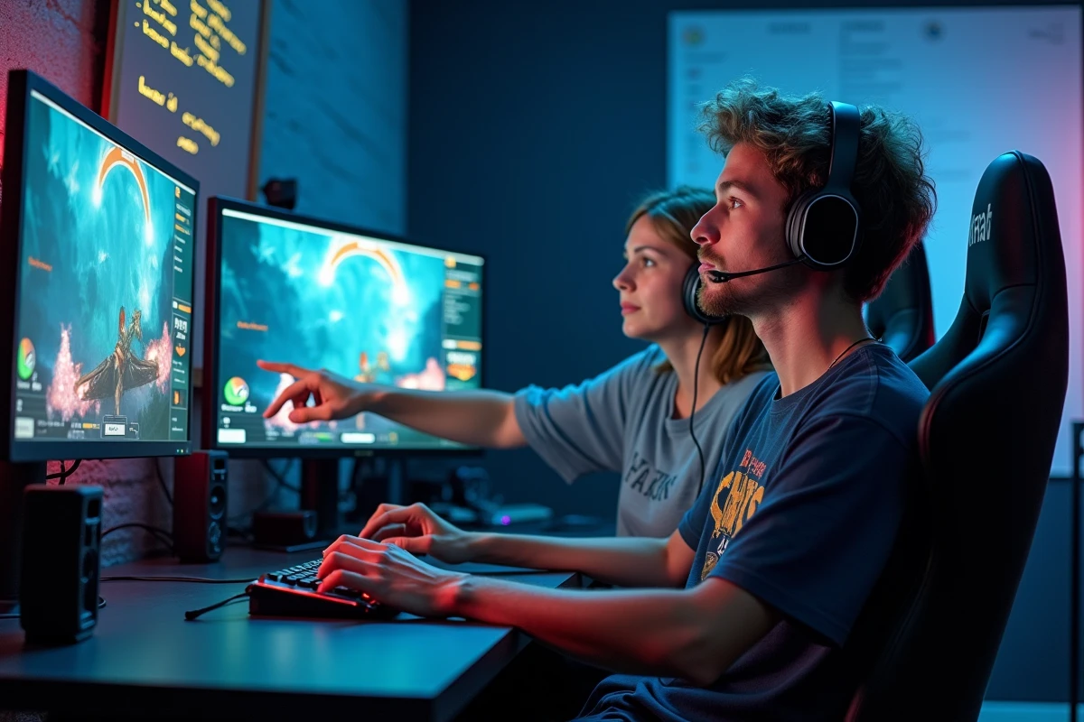 Duo de joueurs adultes collaborant devant un double écran avec une interface de jeu MMORPG fantasy, setup gaming semi-professionnel avec stratégie optimisée