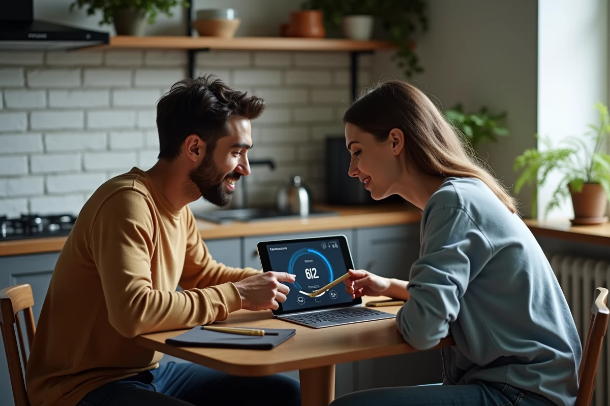Deux musiciens en appartement consultant ensemble un simulateur de niveau sonore sur tablette pour préparer leur répétition