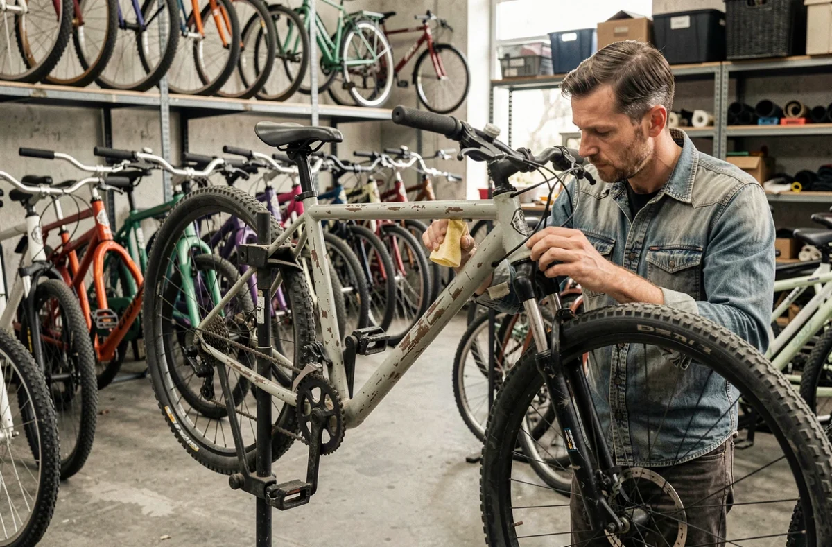 Mécanicien inspectant un cadre de vélo d'occasion dans la boutique Ecocycle à Bordeaux