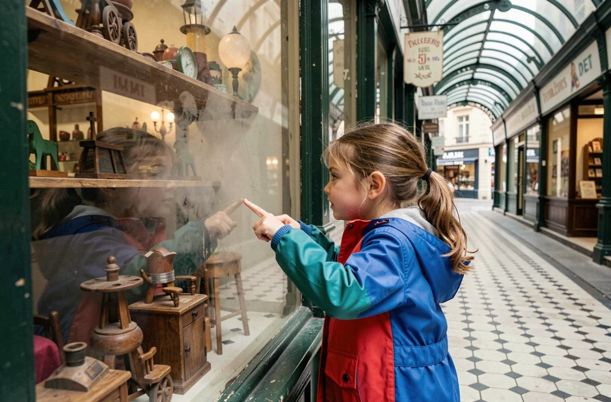 Deux fillettes fascinées par une vitrine de boutique dans un passage couvert parisien