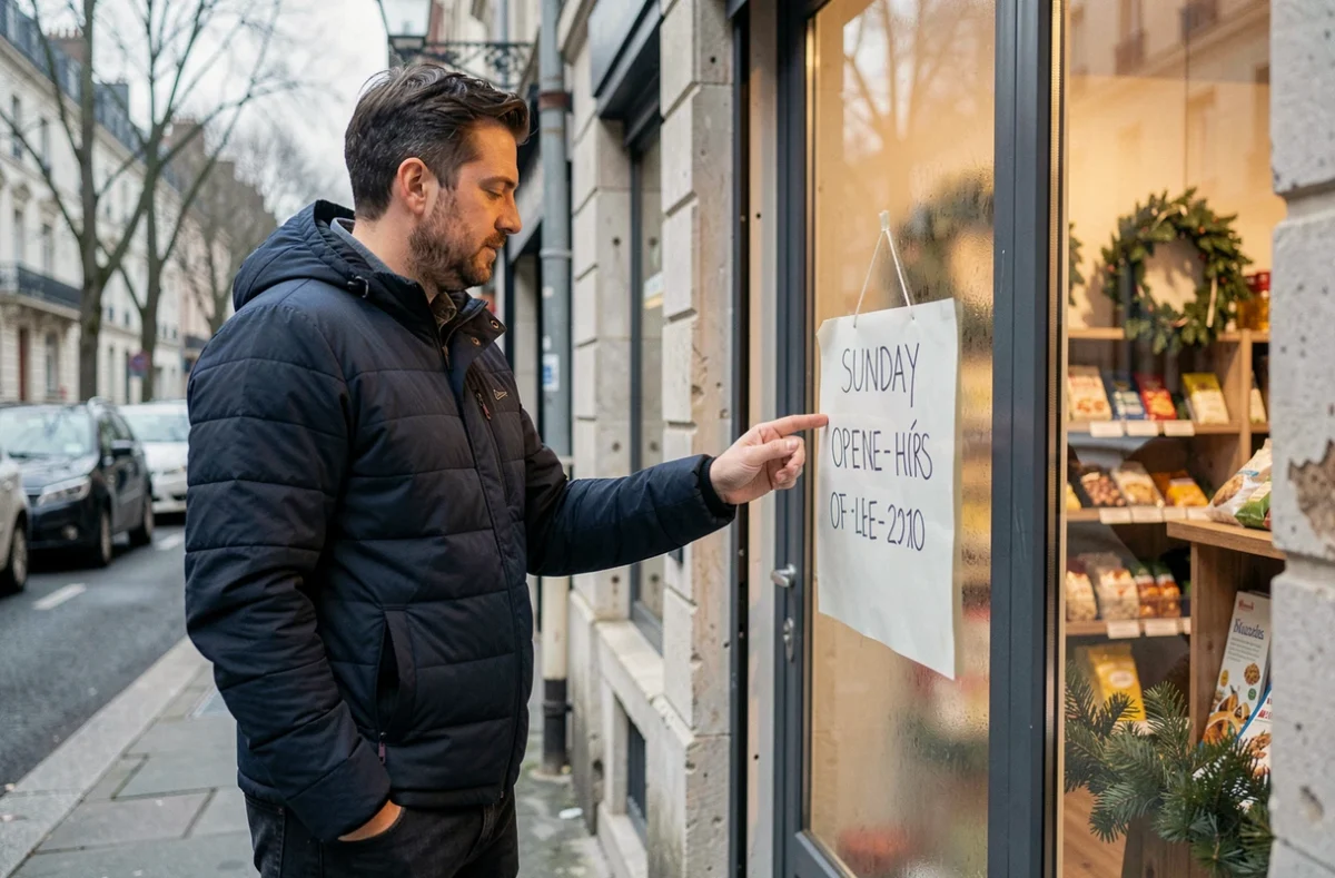 Homme consultant les horaires d'ouverture d'une épicerie de quartier ouverte le dimanche 22 décembre pour ses courses de Noël