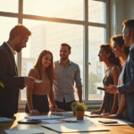 Groupe de collègues divers en discussion dans un bureau lumineux