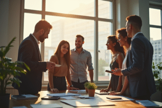 Groupe de collègues divers en discussion dans un bureau lumineux