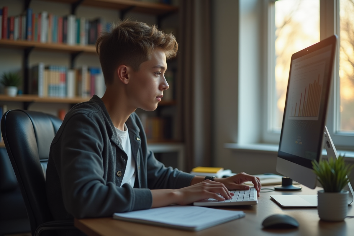 Etudiant concentré étudiant chez lui sur son ordinateur