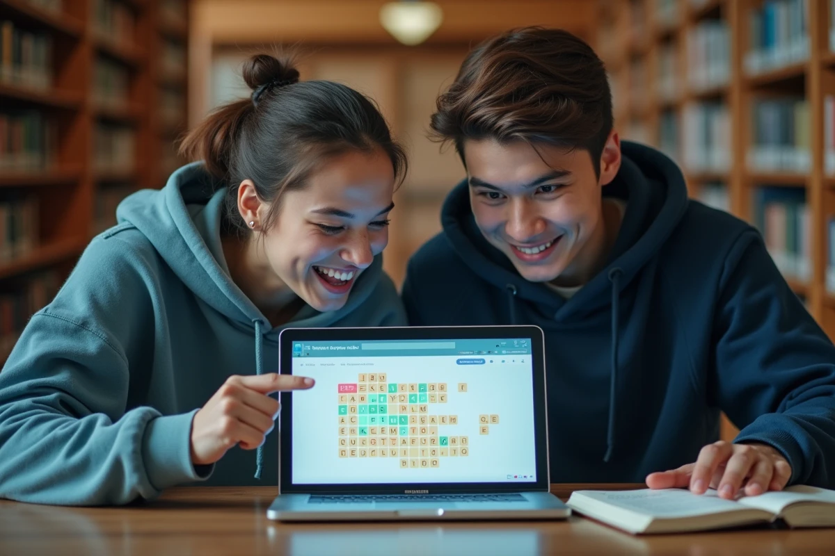 Deux étudiants collaborant pour résoudre un jeu de devinette de mots sur ordinateur portable en bibliothèque