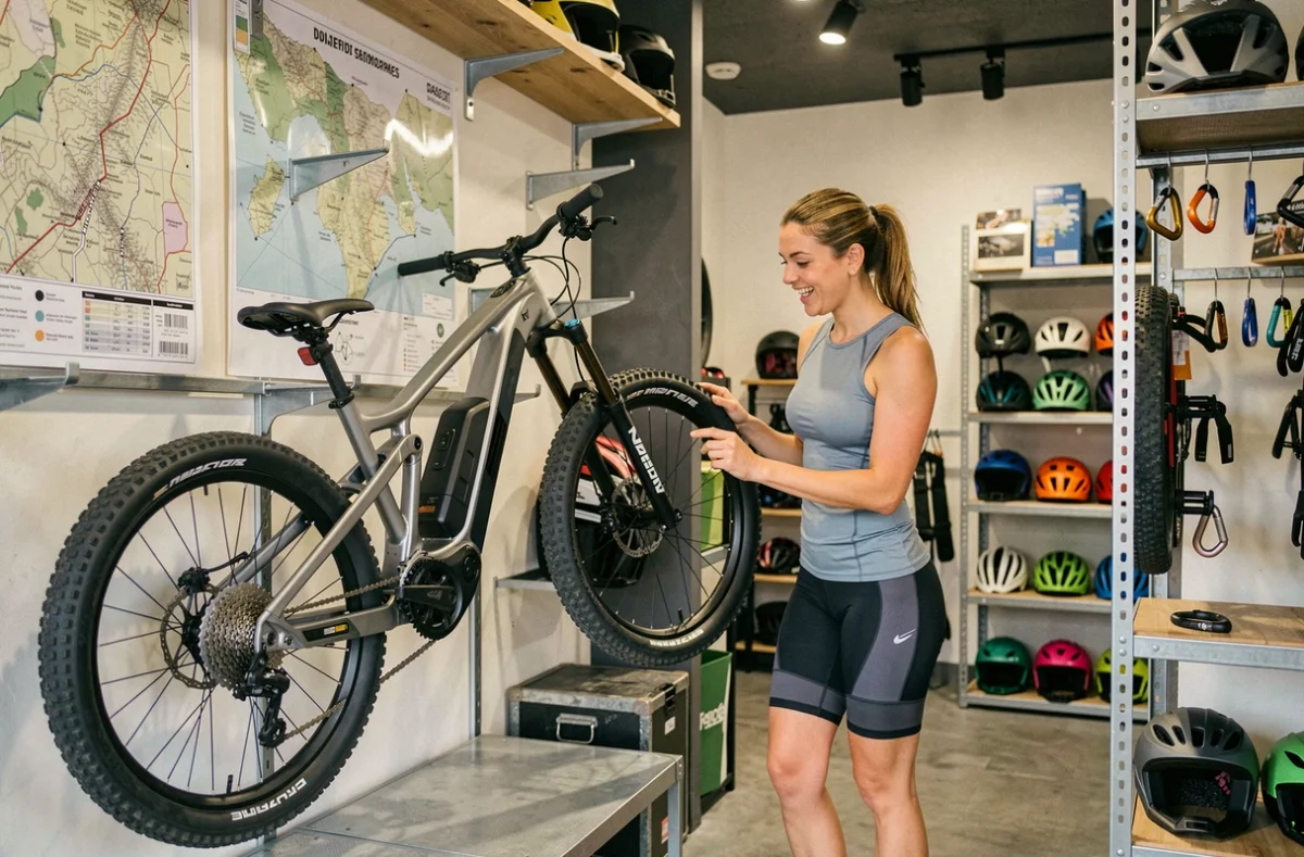 Cliente inspectant un VTT électrique tout-suspendu dans le magasin EVTT Provence à Marseille