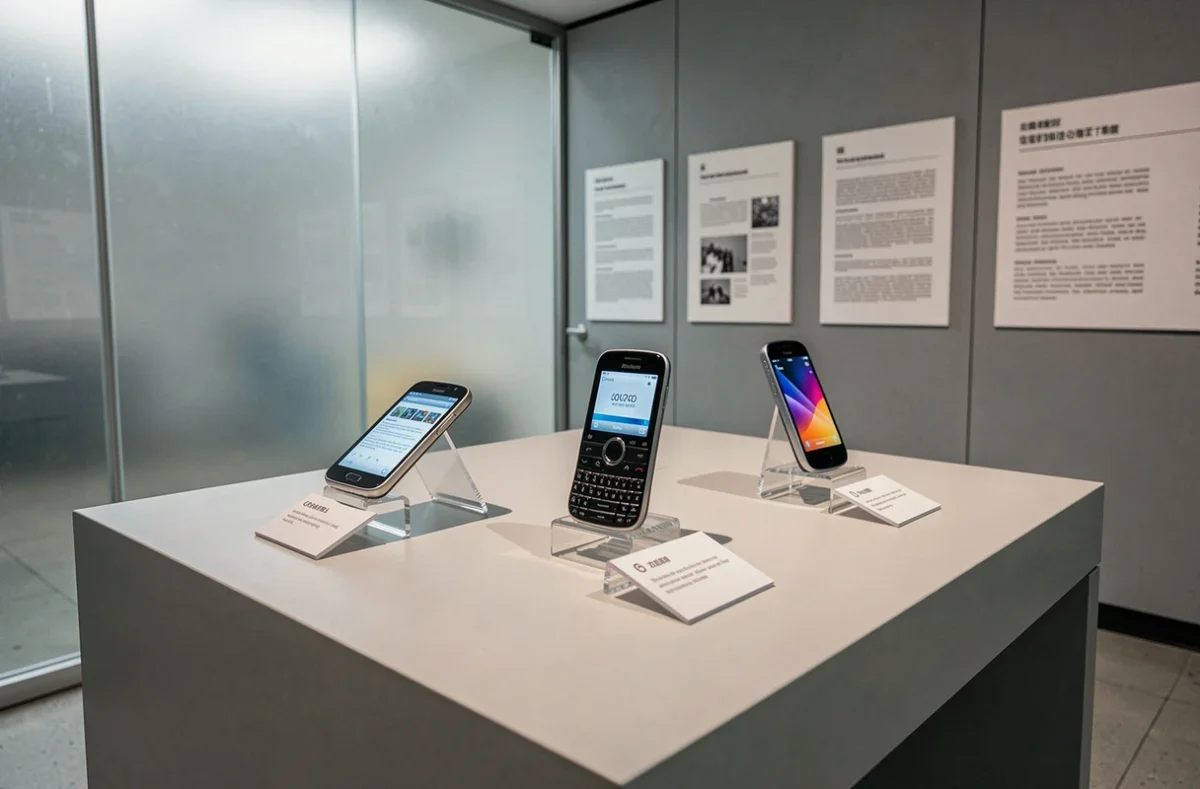 Exposition muséale de premiers smartphones historiques illustrant la controverse sur la date officielle du premier téléphone intelligent