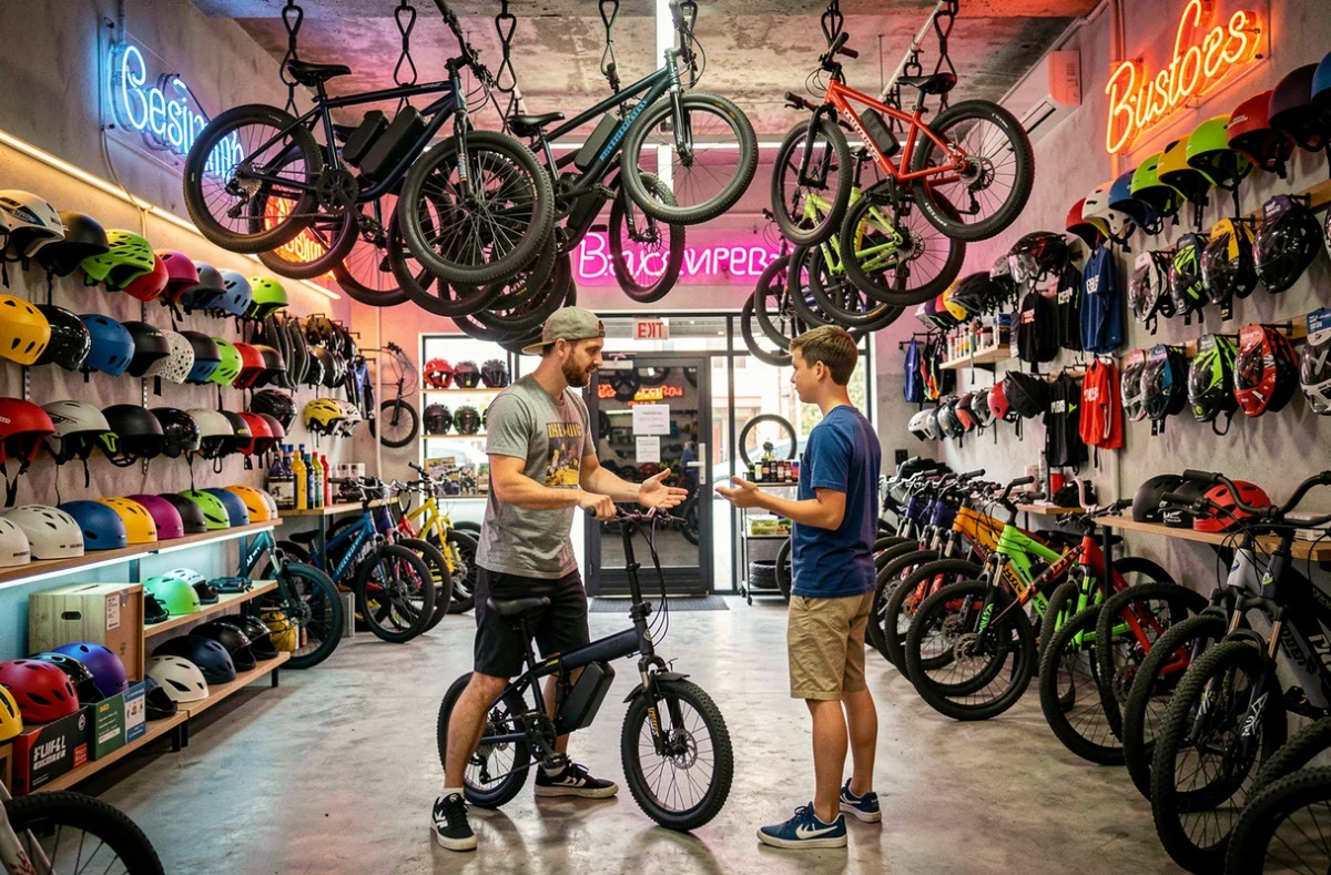 Vendeur d'Extreme Bikes Marseille présentant un vélo électrique pliant dans un magasin au style urbain dynamique