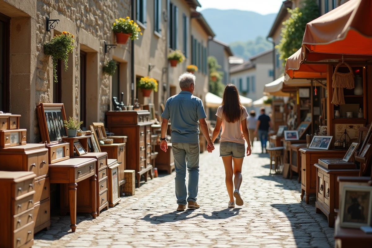 Famille se promenant dans une brocante animée le long d'une rue pavée d'une ville du Cantal un week-end