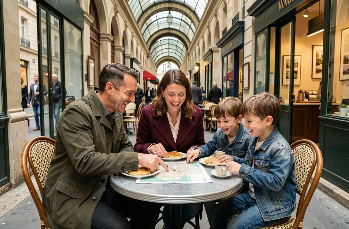 Famille partageant des crêpes dans un café d'un passage couvert parisien lors d'une sortie en famille