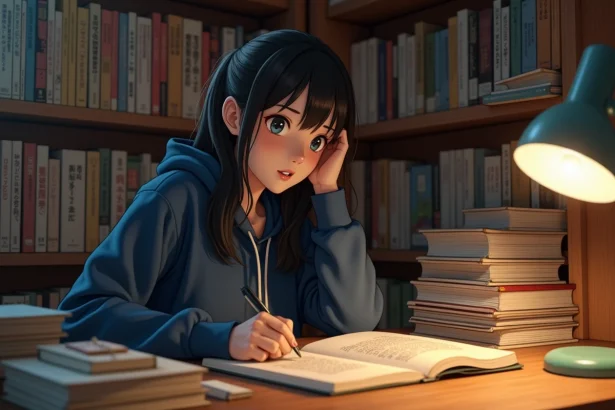 Jeune femme passionnée de manga étudiant attentivement le scan One Piece 1141 entourée de volumes et de notes manuscrites
