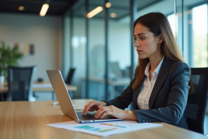Femme en costume analysant un graphique coloré au bureau