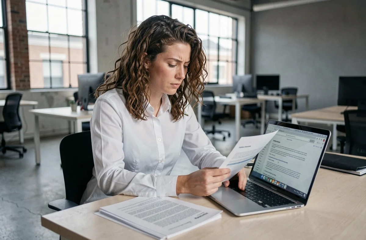 Femme analysant des documents légaux et des conditions d'utilisation d'une plateforme en ligne dans un espace de coworking