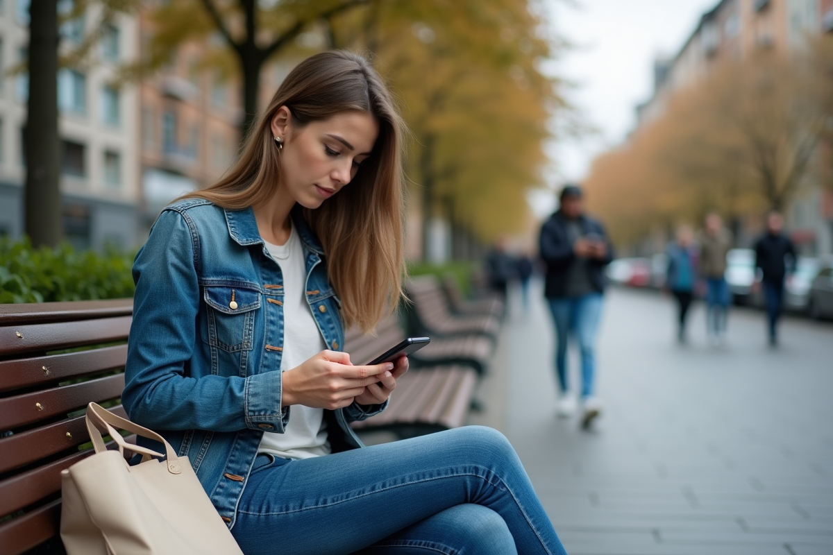 Jeune femme vérifiant son relevé bancaire au parc