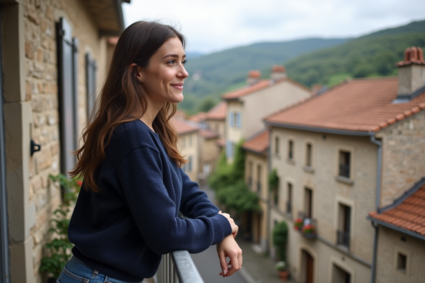 Jeune femme souriante sur un balcon avec vue sur un village français