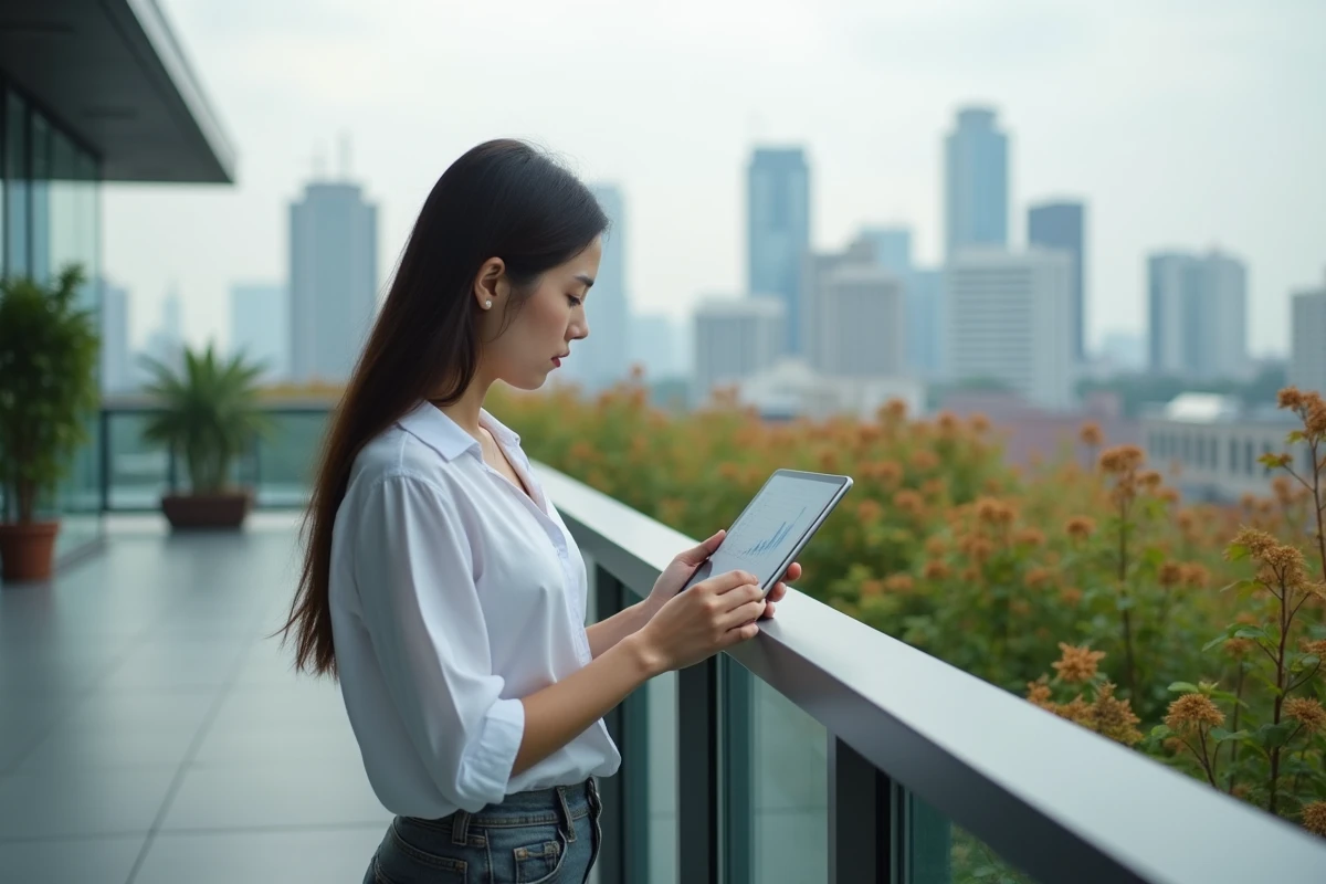 Jeune femme sur un balcon regardant un graphique sur sa tablette