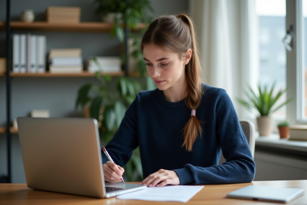 Jeune femme concentrée travaillant à son bureau à domicile